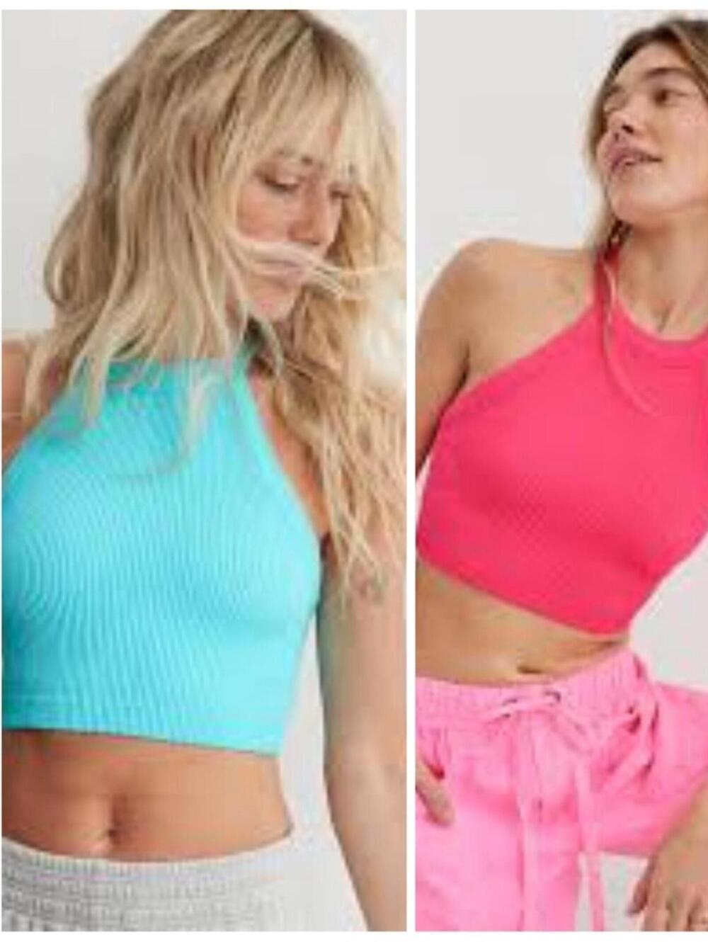 AERIE Ribbed Racerback Seamless High Neck Crop Tops Bundle of 2 Pink and Blue